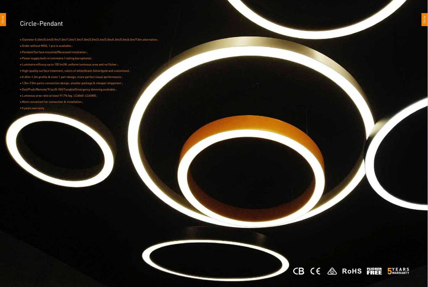 Circle Series LED Pandent Light Recessed Mount 0-10v Dimming Emergency Backup ETL Listed